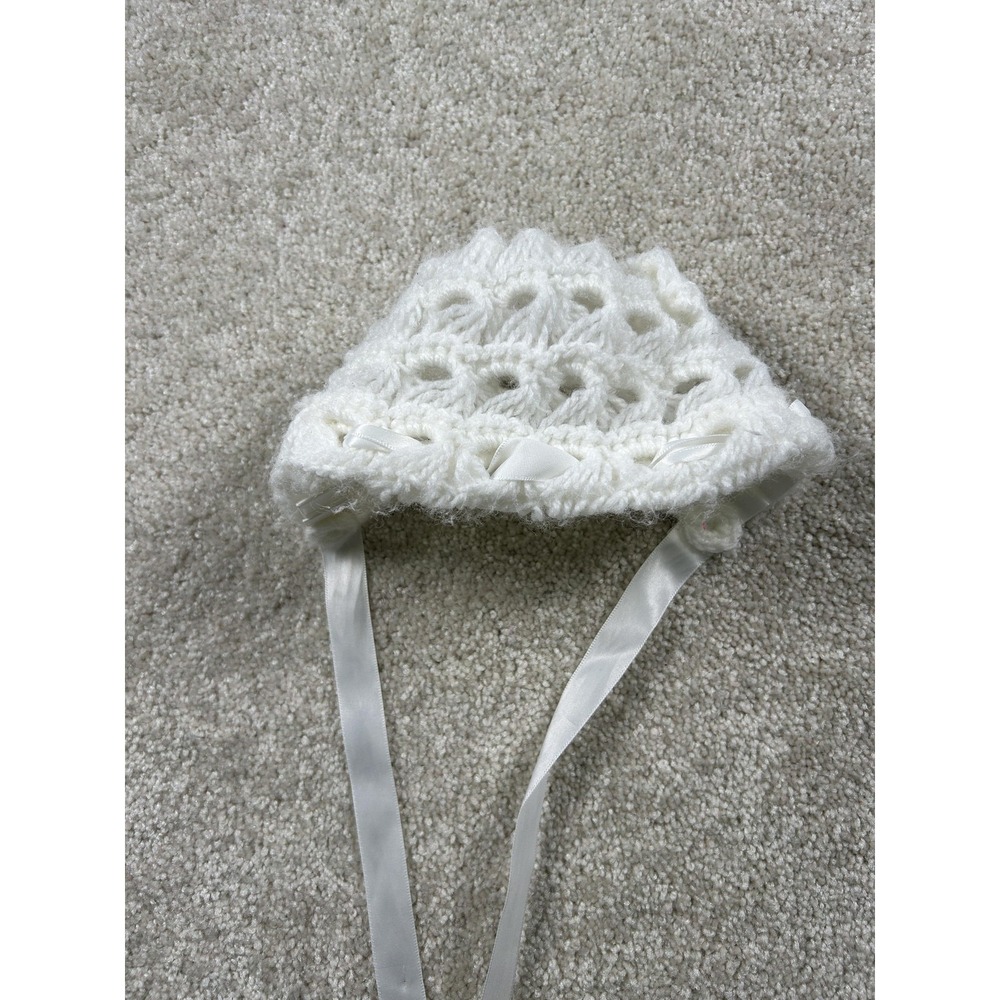 Handmade White Crochet Baby Bonnet Ribbon Tie Infant Hat Soft Vintage Style‎ Cap